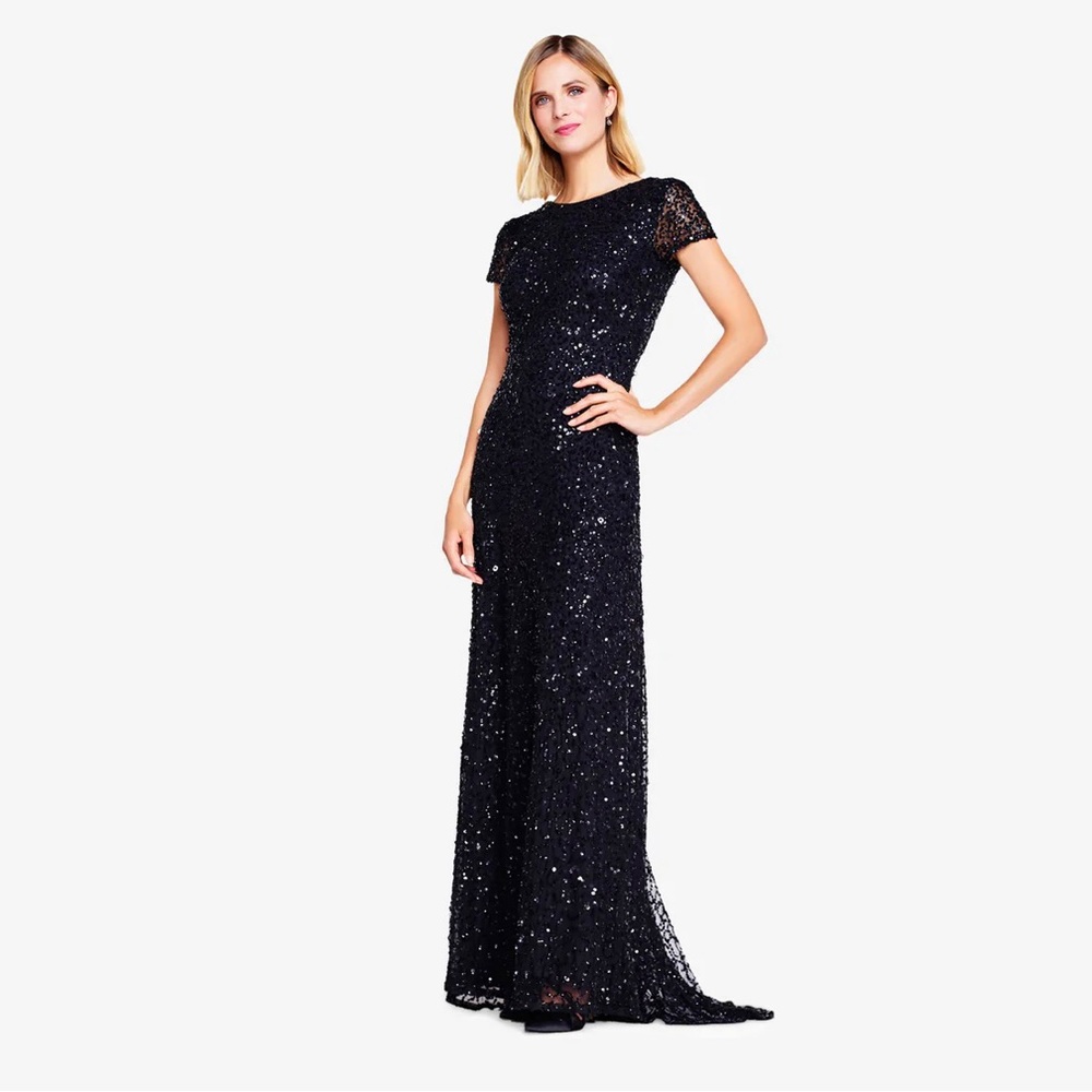 Adrianna Papell Black Sequin Long Gown Dress. Size 16W, never worn.
